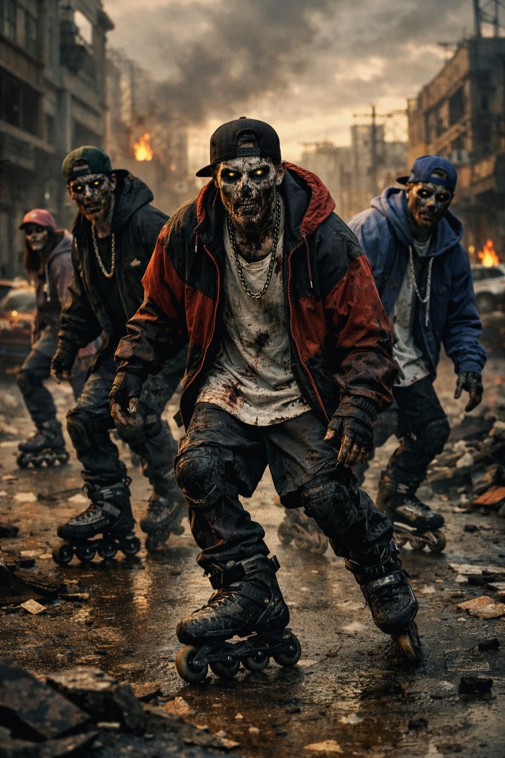 Horda de ossos-vivos usando patins em uma cidade destruída