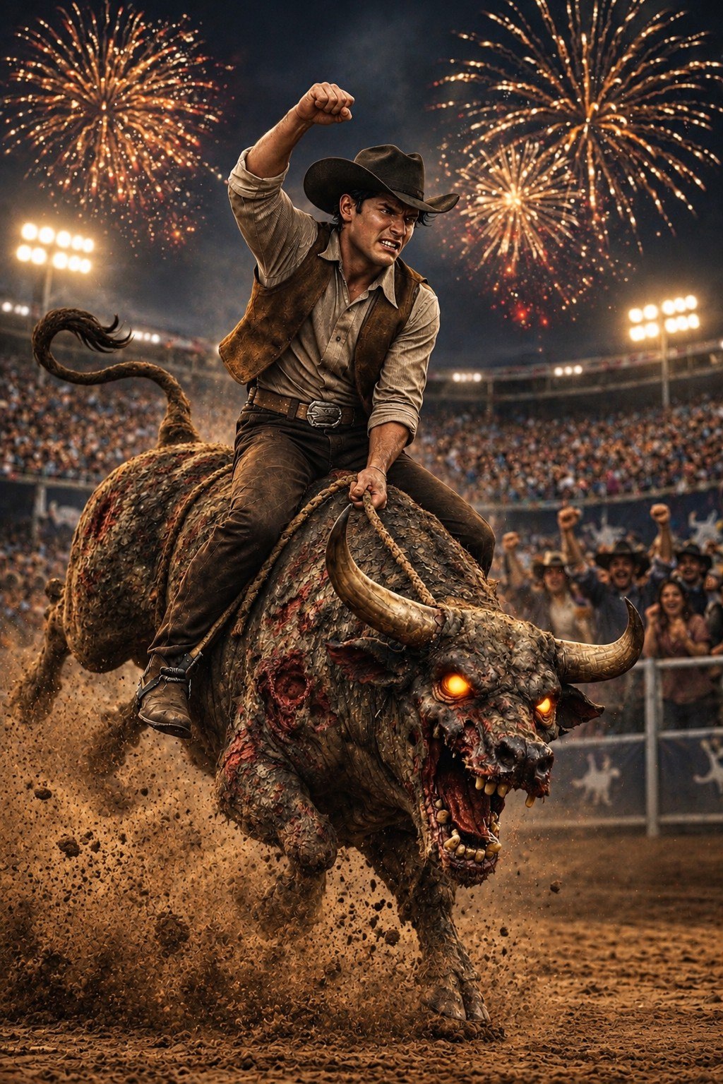 Ezequiel montado em um touro durante um rodeio